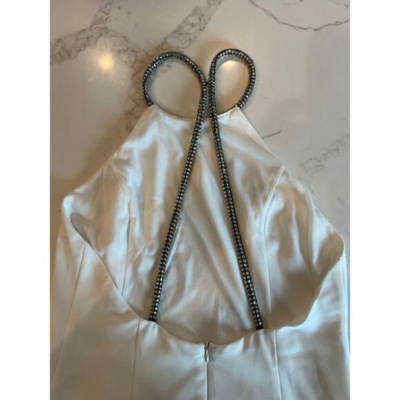 White Halter Mini Dress with Rhinestone Straps by En Creme Size M Fully Lined - Picture 9 of 12